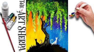 Day and Night Cats  Willow Tree Q Tip Acrylic Painting for Beginners tutorial 🌈🎨💜