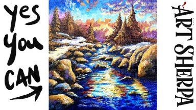Sunset Light in a Mountain Stream Landscape  How to paint acrylics : Paint Night at Home