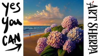 Hydrangea flowers along the Shore   How to paint acrylics for beginners: Paint Night at Home