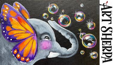 Easy Elephant Butterfly Ears Blowing Bubbles  How to paint  for beginners: Paint Night at Home