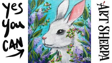Bunny Rabbit with lilac Flowers 🌟🎨 EASY How to paint acrylics for beginners: Paint Night at Home