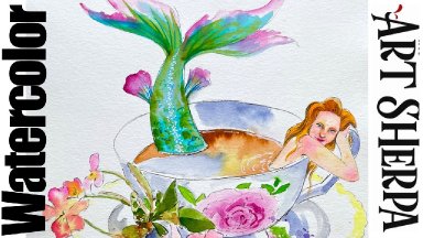 Easy How to Paint  a Mermaid in a Teacup Line and Wash Watercolor Step by step | The Art Sherpa