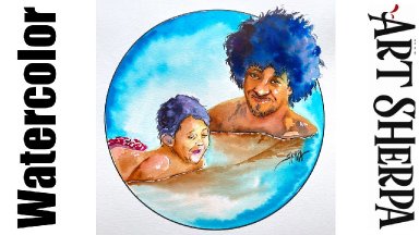Easy How to a Dad and Son Swimming  Line and Wash Watercolor Step by step | The Art Sherpa