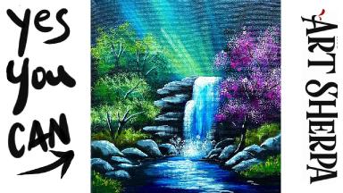 EASY Waterfall Landscape How To Paint Acrylics For Beginners