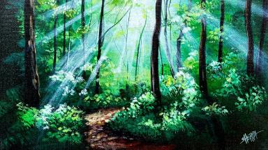 Radiant Light in The Forest 🌟🎨 How to paint acrylics for beginners: Paint Night at Home