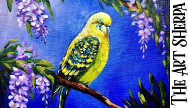Budgie bird and Wisteria Flower   How to paint acrylics for beginners: Paint Night at Home