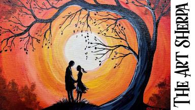 Sunset Couple in Love under a Tree 🌟🎨 EASY FIRST painting for beginners: Paint Night at Home