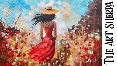 Girl in Red Dress Walking in poppies  How to paint acrylics for beginners: Paint Night at Home