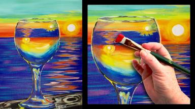 Sunset reflected in a glass easy beginner painting tutorial 🍷🌆