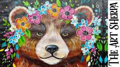 Easy Cute Bear & Floral Crown  How to Draw and paint acrylics for beginners: Paint Night at Home