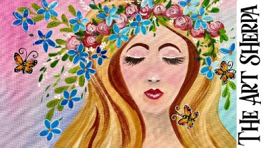 Easy Girl with Flower Crown  How to Draw and paint acrylics for beginners: Paint Night at Home