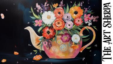 Easy Autumn Floral teapot  How to paint acrylics for beginners: Paint Night at Home