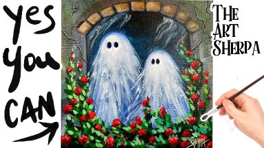 Cute Ghosts in a Garden Window 🌟🎨 How to paint acrylics for beginners: Halloween Paint Night at Home
