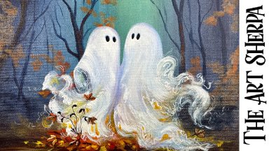 Cute Ghosts Hugging in Autumn forest 🌟🎨 How to paint acrylics for beginners: Paint Night at Home