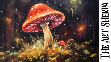 Red Cap Mushroom magic fungus  How to paint acrylics for beginners: Paint Night at Home Halloween