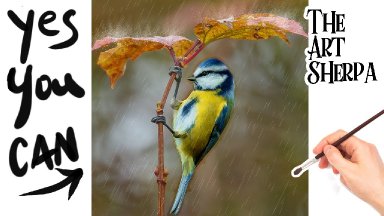 Adorable Yellow Blue Bird in the Rain 🌟🎨 How to paint acrylics for beginners: Paint Night at Home