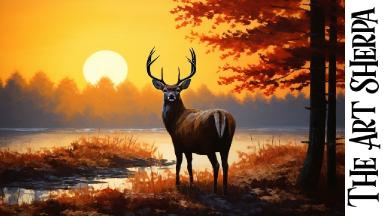 Deer at sunset lake Autumn landscape  🌟🎨 How to paint acrylics for beginners: Paint Night at Home