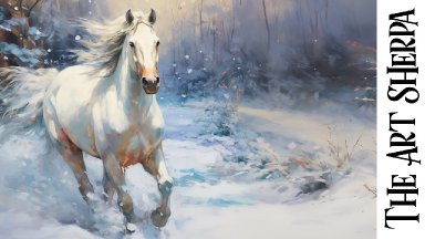 White Horse In Winter Landscape  How to paint acrylics for beginners: Paint Night at Home