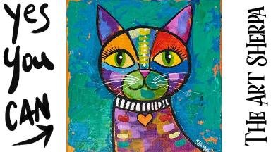 Easy Colorful Abstract CAT  How to paint acrylics for beginners: Paint Night at Home