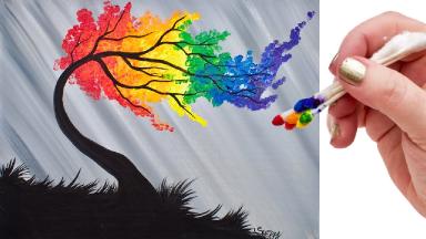 Rainbow Willow Tree Q Tip Acrylic Painting for Beginners tutorial 
