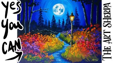 Night Forest and street lamp 🌟🎨 How to Draw and Paint tutorial for Beginners 13 days of Halloween