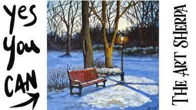 Winter Landscape Red Bench and glowing lamppost  Painting tutorial step by step | The Art Sherpa