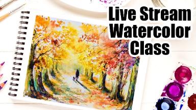 Live streaming EASY watercolor class Autumn tree Tunnel  | TheArtSherpa