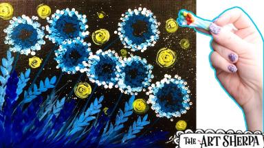 Easy Q-Tip Dandelion and Fireflies Acrylic Painting on Canvas STEP By STEP Beginner Painting