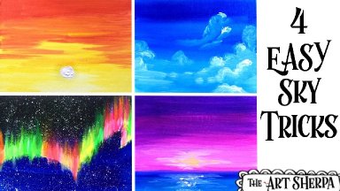 Four EASY simple Skies | Sunset | Aurora Borealis | Fluffy Clouds | YOU can paint tutorial