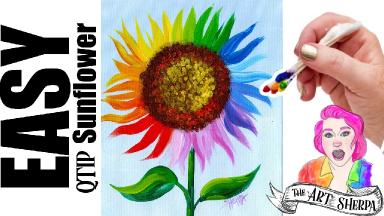 ☆ Easy cotton Swab rainbow Sunflower for beginners 5 minute painting ☆ #14  | TheArtSherpa