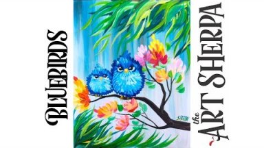 Easy acrylic painting Happy Blue bird mama and Baby with flowers #playlive #derpsquad