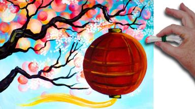 Q-tip 🎨🌷 Cherry Blossom Branch with red lantern 🎨🌷 Acrylic Painting