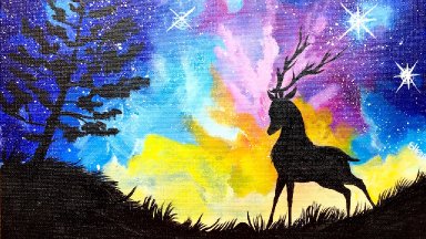 Acrylic Starry Night Sky  and STAG with Aurora Borealis Painting on Canvas for Beginners