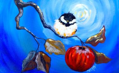 Happy Chickadee and apple branch Beginner Step by Step Acrylic tutorial fall