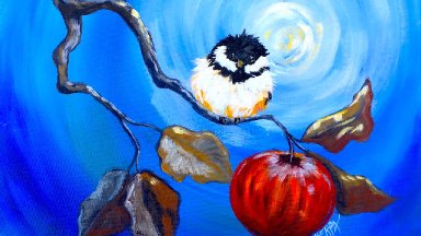 Happy Chickadee and apple branch Beginner Step by Step Acrylic tutorial fall