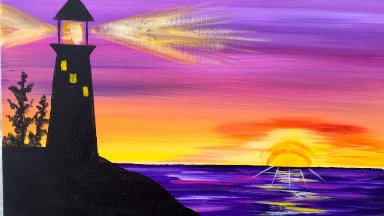 Sunrise Lighthouse Step by Step Acrylic Painting on Canvas for Beginners