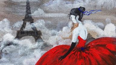 Red Dress Eiffel Tower beginner Acrylic Painting class ANGELOONEY