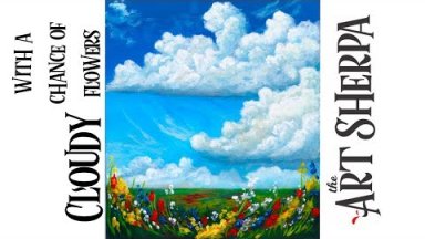 Fluffy Clouds and Wild flowers landscape How to paint  Acrylic