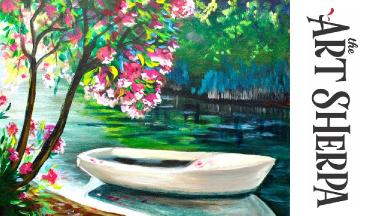 How to paint with Acrylic Lakeside Boat and Pink Flowering Tree
