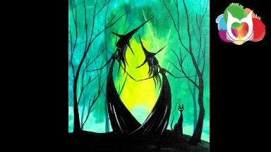 Easy Halloween Painting Adorable Witch Sisters In The Woods