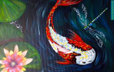 How to Paint Koi Fish Dragon fly and Waterlilies Easy Beginner Acrylic