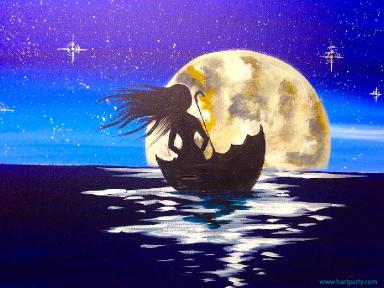 EASY Beginners acrylic painting | Girl Sailing in Umbrella | Full Moon