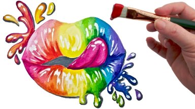 Beginners Splatter Rainbow Realistic  Lips  Acrylic Painting on Canvas