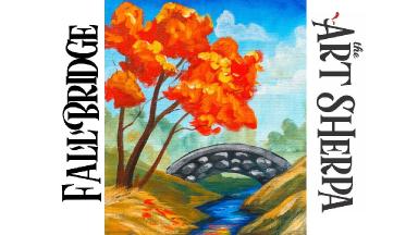 How to paint with Acrylic on Canvas  Fall tree Bridge and Stream Beginners Tutorial