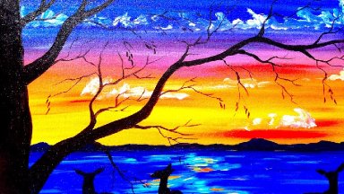 Beginners acrylic painting tutorial | Deer and Sunset Lake | Silhouette