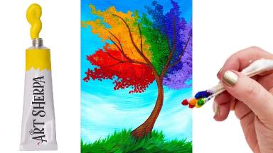 EASY Rainbow Willow Tree Q Tip Acrylic Painting tutorial 🌈🎨💜