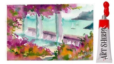 Simple Free beginner watercolor video lesson of a ocean view with pink flowers of bougainvillea