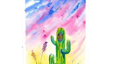 Large Cactus in the desert at Dawn with a little Owl WaterColor