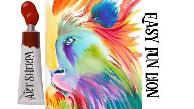 Easy Painting in acrylic of a Colorful Lion using 5 primary colors  Holbein acrylic  set