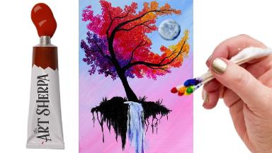 EASY Autumn Tree with waterfall moon   Q Tip Acrylic Painting tutorial 🎨💜